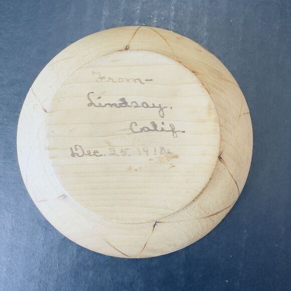 Carved Folk Art Wooden Bowl, Fruit Leaves Signed Lindsay Calif 1910, Vintage - Picture 4 of 9